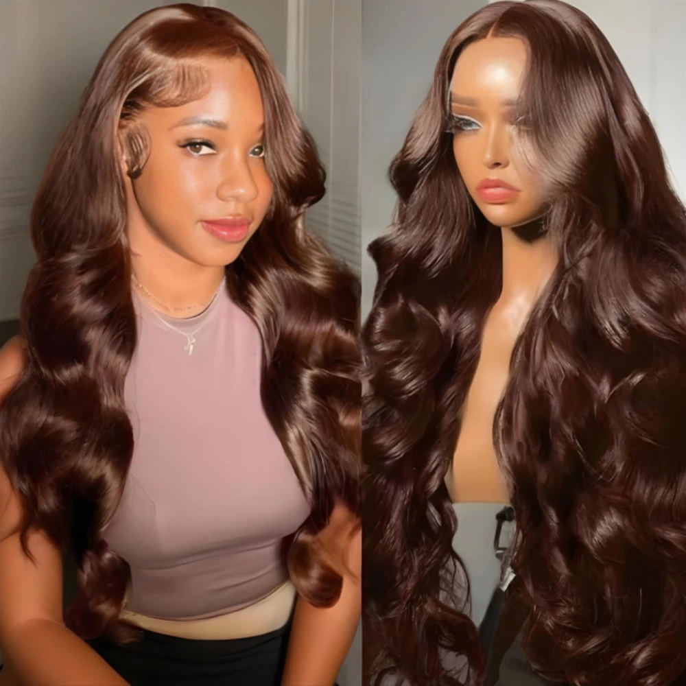 Pelucas onduladas del cuerpo # 4 Chocolate 100% cabello humano 13x4 13x6 HD peluca Frontal de encaje cabello brasileño prearrancado 200% de densidad cabello Remy para mujeres