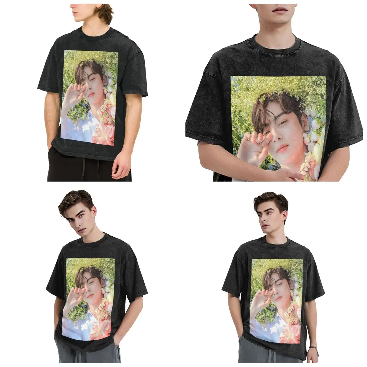 Streetwear T-Shirts Cha EunWoo Kpop Astro Washed T Shirt Short Sleeve Hip Hop T-Shirt Tops Tees for Men Women