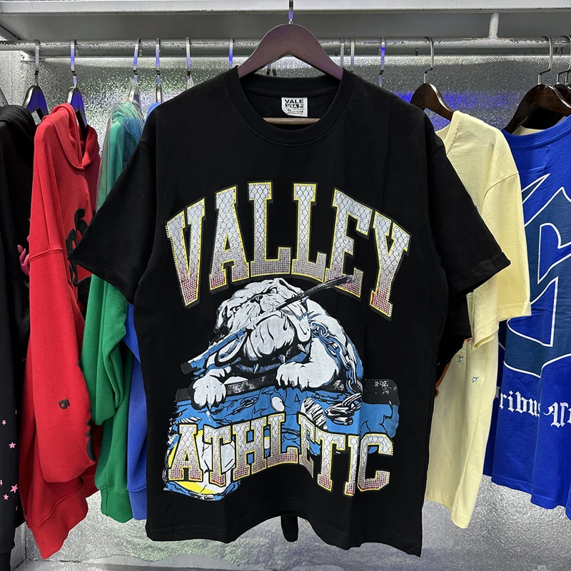 

Модная универсальная черная футболка VALLEY, высококачественные топы с принтом бульдога, футболки Vale с короткими рукавами для мужчин и женщин