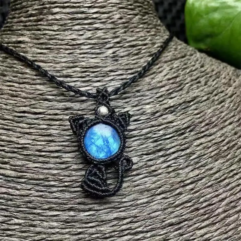 

Natural Labradorite Cute Cat Woven Pendant Healing DIY Necklace Fashion Classic Women Jewelry Accessories Exquisite Gift 1pcs