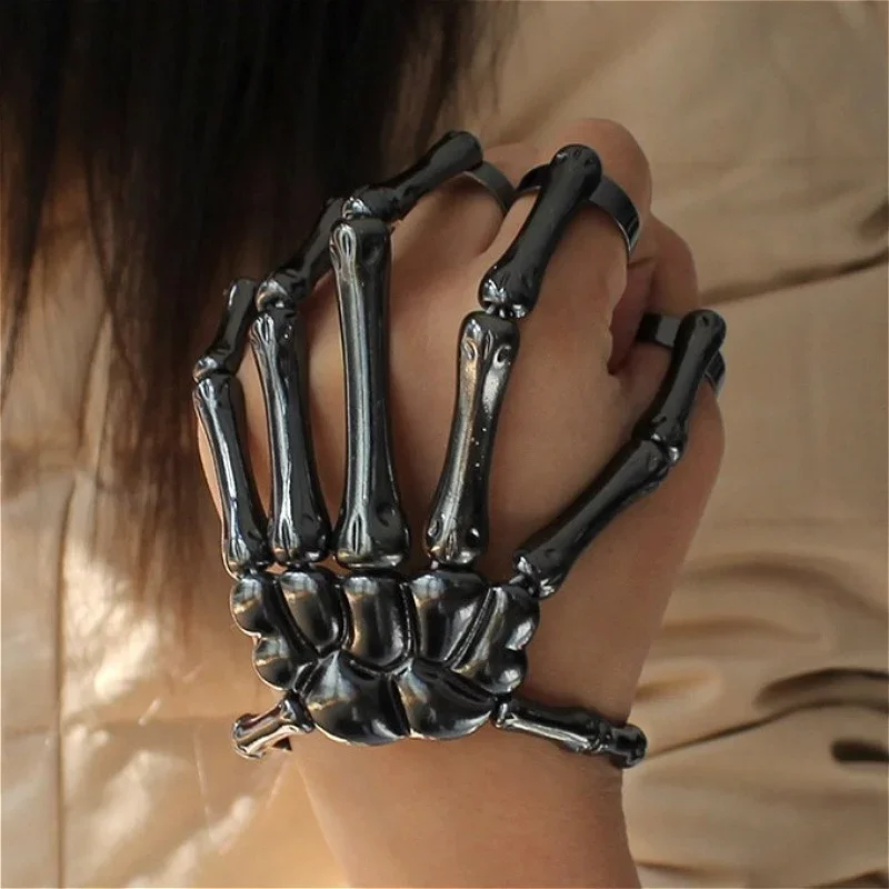 Gothic Punk Skull Hand Bone Multifunctional Five Finger Ring Bracelet Adjustable Single Chain Bracelet Halloween Bracelet Unisex