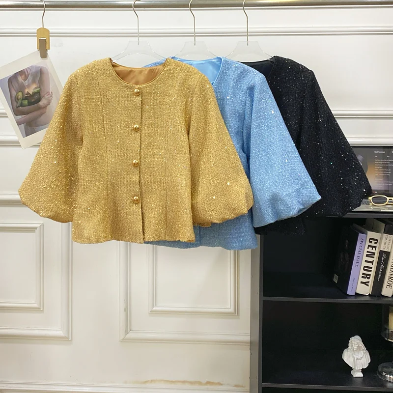 

Ele Cozy Fluffy Sequin round Ne Lantern Sve Waist Cinched Top Coat Women Spring Summer Casual Sle Loose Fit ort ...