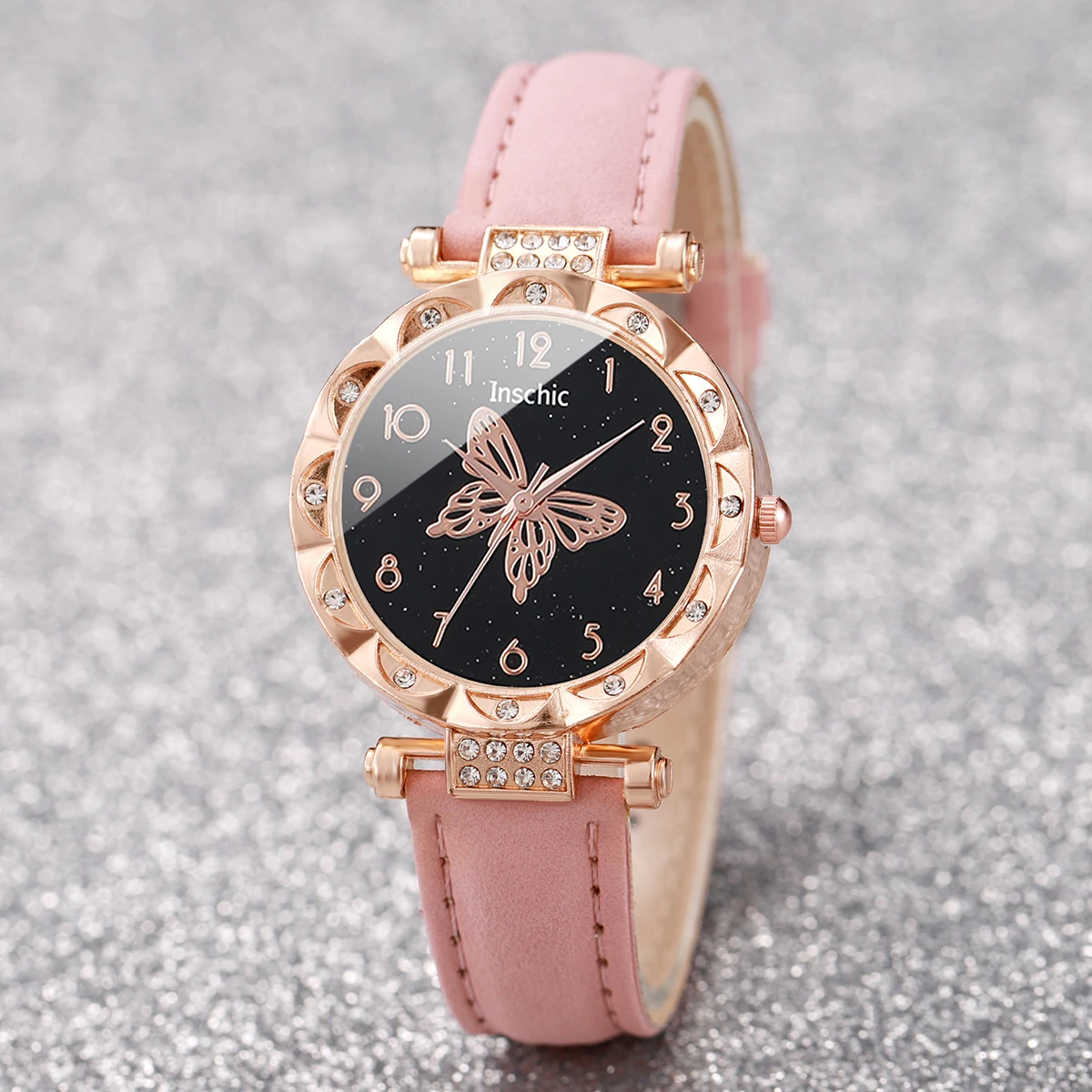 6PCS/Set Fashion Butterfly Dial Women\'s Watch Leather Band Quartz Watches Jewelry Set（Without Box）