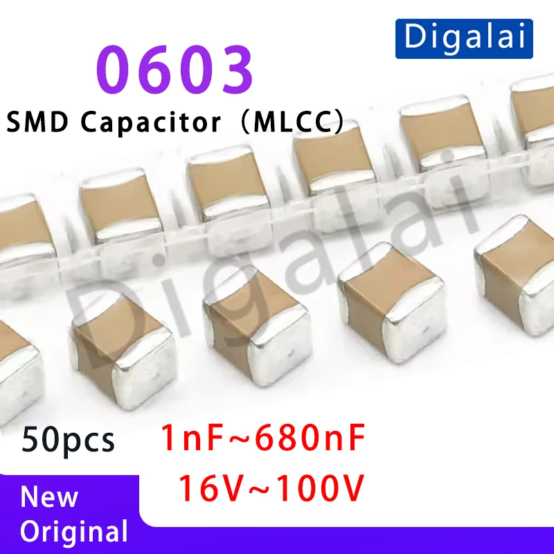 50pcs 0603 SMD Chip Multilayer Ceramic Capacitor 1nF - 680nF 16v-100v