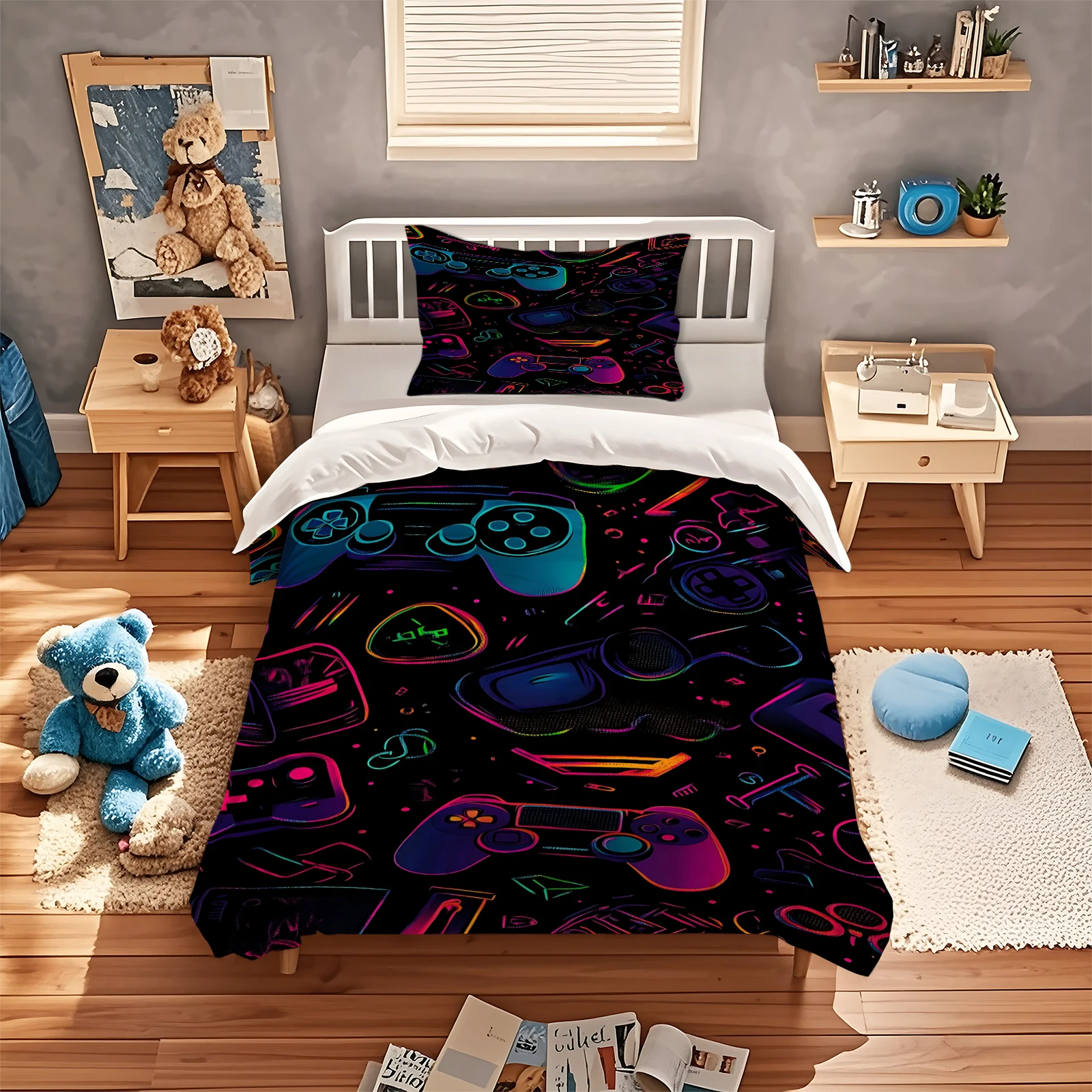 Colorful Neon Gamepad Duvet Cover Set Black Gaming Controller Printed Bedding Quilt Covers With Pillowcases Modern Gamer Room