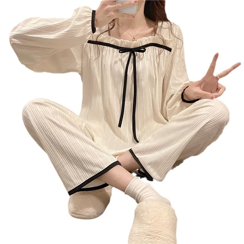 Women\'s Spring and Autumn Pajamas Set Women\'s Long-Sleeved Long Trousers Pajamas Homewear Sweet Leisure Homewear Loose Set