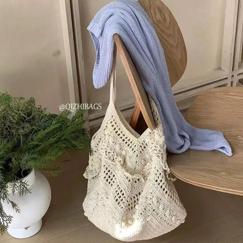 

Bohemian Rope Crochet Hobo Tote Hollow Woven Bags for Women Shoulder Bag NEW Casual Soft Knitting Beach Bag Shopper Purses Chic