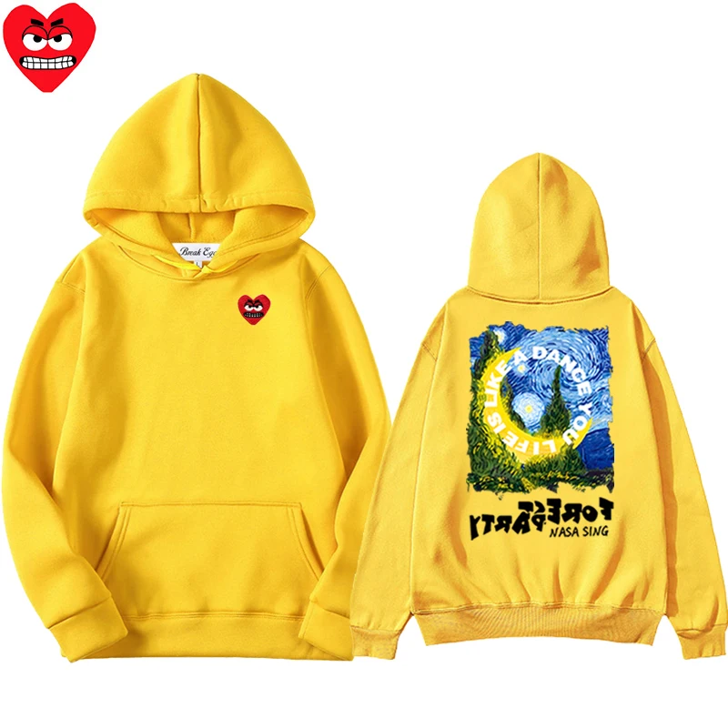 Starry Night Oil Painting  Women Men Hoodie Polyester Cool Cute Snag Heart Embroidery Pullover Pockets Thin Loose Autumn Sweater