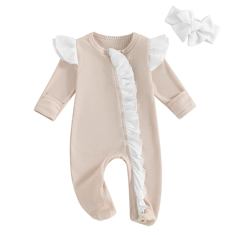 

Newborn Baby Girl Clothes Infant Footies Romper Ruffle Long Sleeve Zipper Jumpsuit Waffle Knit Coming Home Outfit