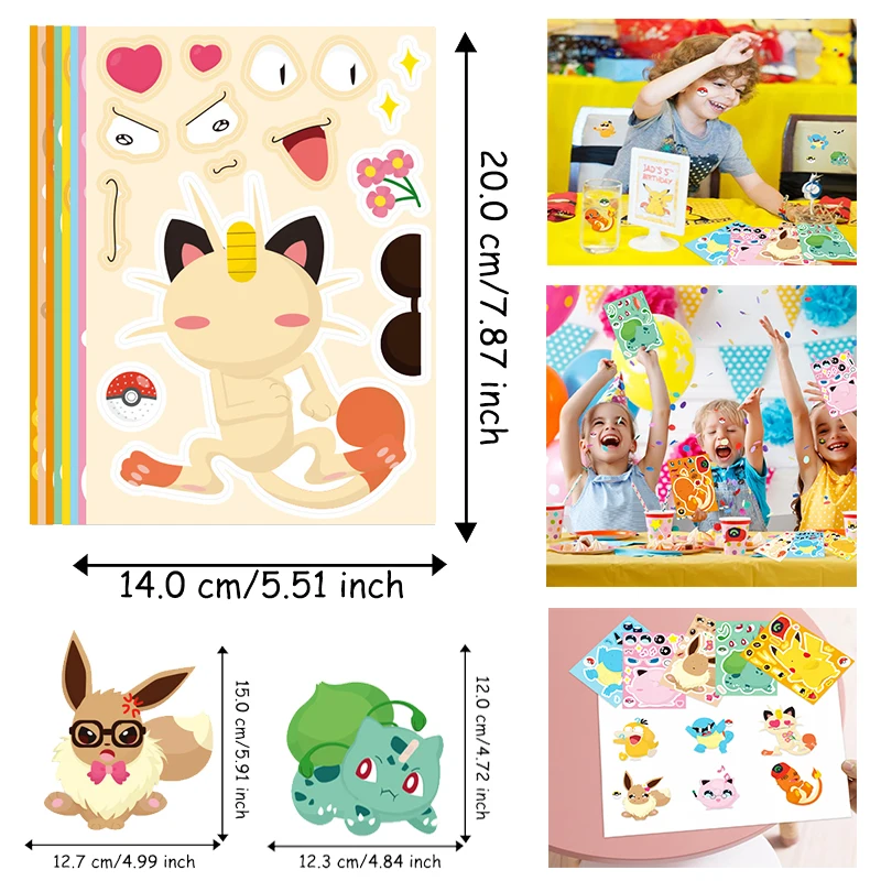 16 lembar Pokemon Puzzle membuat wajah stiker Pikachu Diy kartun Decal merakit Jigsaw anak-anak hadiah mainan pesta hadiah untuk anak-anak