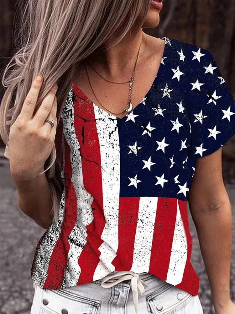 Women Fashion V-Neck Vintage T-shirts Short Sleeve Tops American Flag 3d Print T-shirt Tees Loose Casual Tees USA Flag Tops