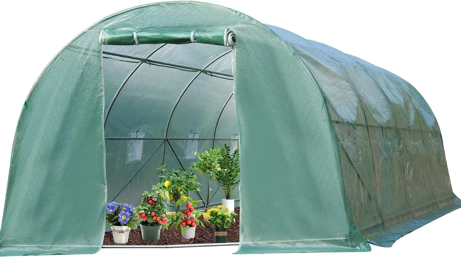 

Walk-in Greenhouse Tunnel Easy Setup Large Plant Hot House with PE Cover Metal Frame Retractable Curtains Double Zippers
