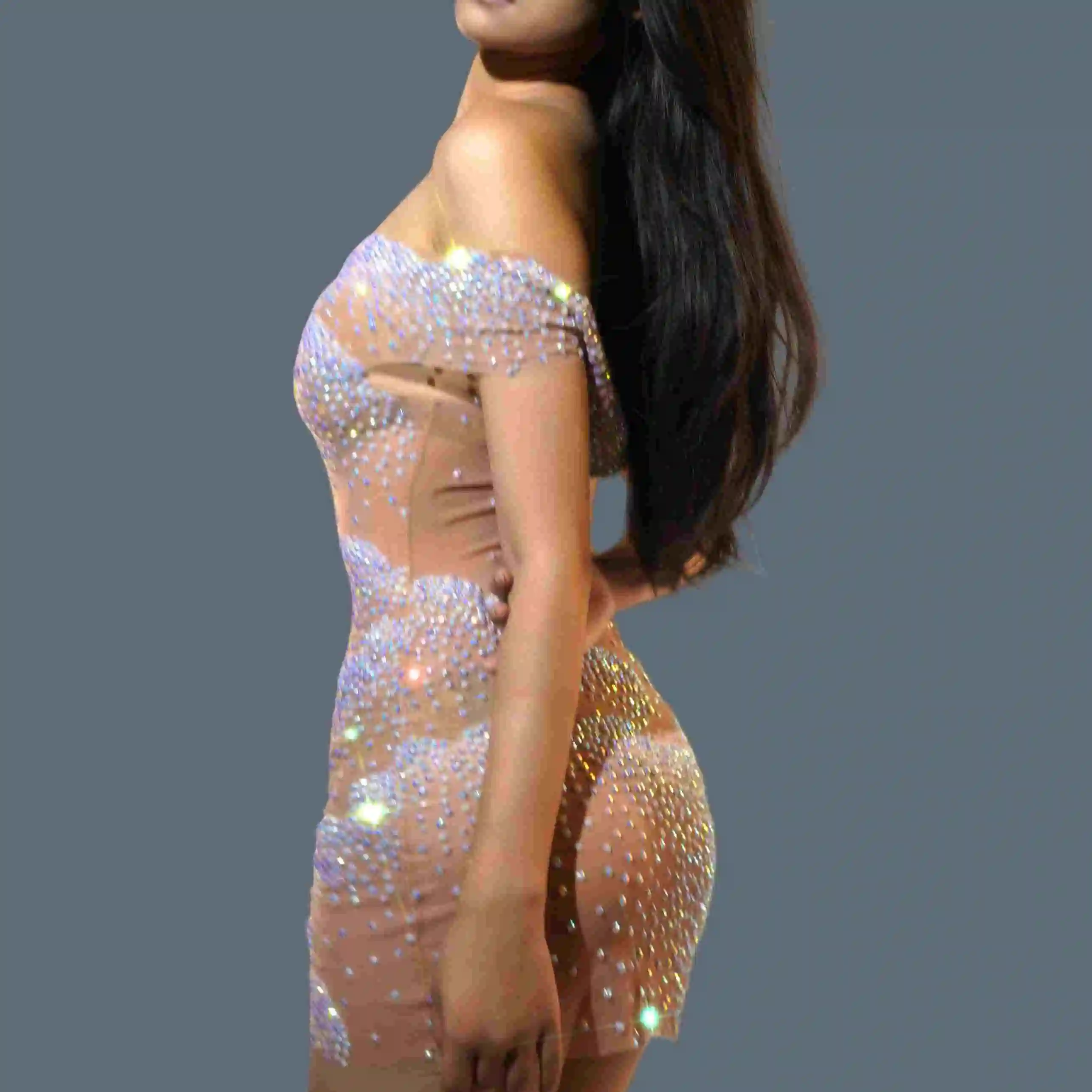 

Celebrate Birthday Evening Prom Mini Dresses Women Sparkly Rhinestone Sexy Ultra Short Dress Club Off-Shoulder Show Wear Zhengqi