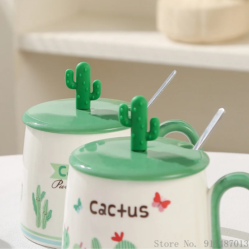 Cartoon Cactus Shape Mug, Ceramic Mark Cup, Cover Handle Spoon Breakfast Coffee Milk Tea Fruit Juice Household items, 380ml, 1Pc