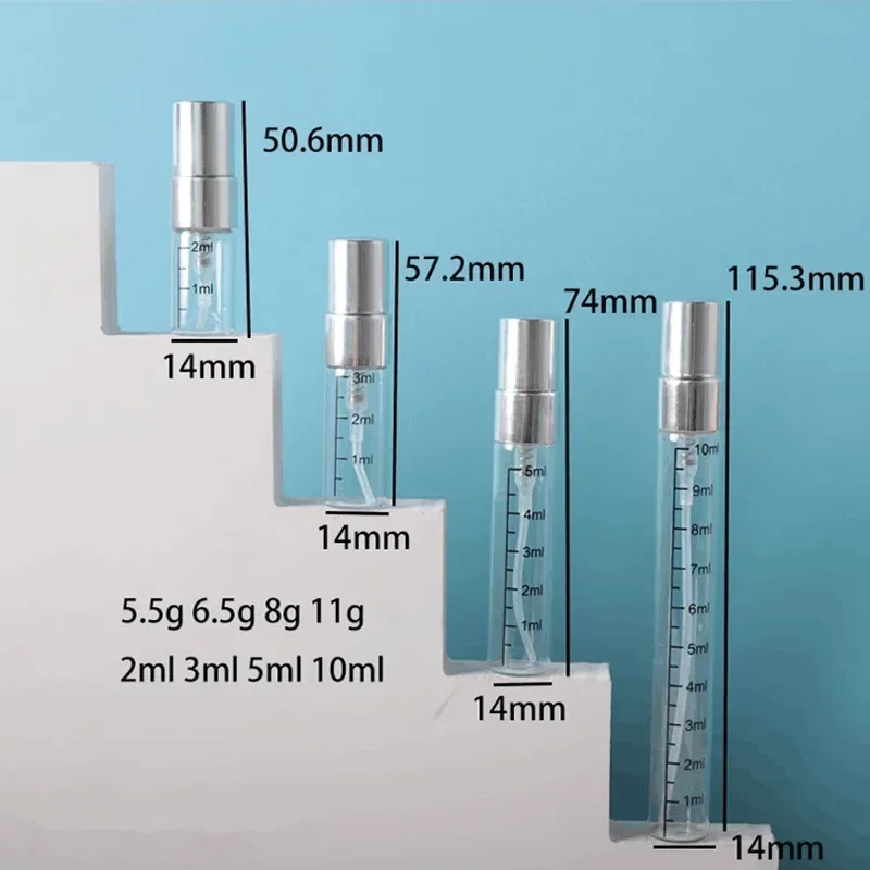 50pcs 2ml 3ml 5ml 10ml Transparent Glass Mist Spray Bottle with Scale Empty Perfume Bottles Sample Vials