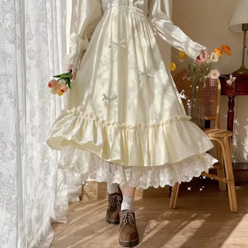 2025 New Japanese Solid Color Double Layer Retro French Ruffled A-Line Pleated Skirt Hepburn Black Skirt Female White Long Skirt