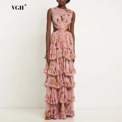 VGH Pink Printed Sundresses For Women O Neck Sleeveless High Waist Cutout Spliced Ruffels Hem Long Dress Female Summer Clothing