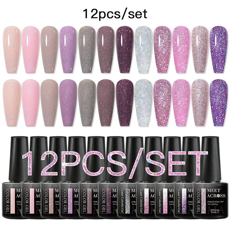 

MEET ACROSS 8/12PCS Glitter Gel Nail Polish Set Nude Gray Purple Winter Semi Permanent UV Gel Nail Art Varnish Kit For Nails