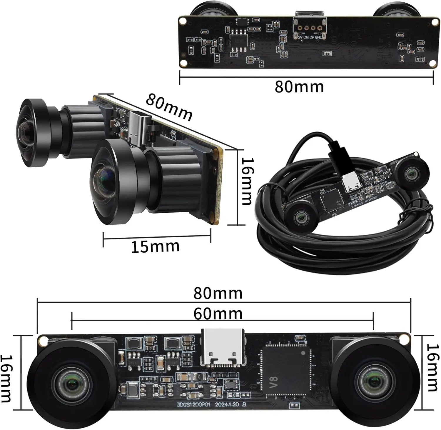 60fps 120fps Global Shutter USB Camera Module 3D Stereo Webcam 3200x1200 High Speed Lightburn Camera with 112° Wide Angle Lens