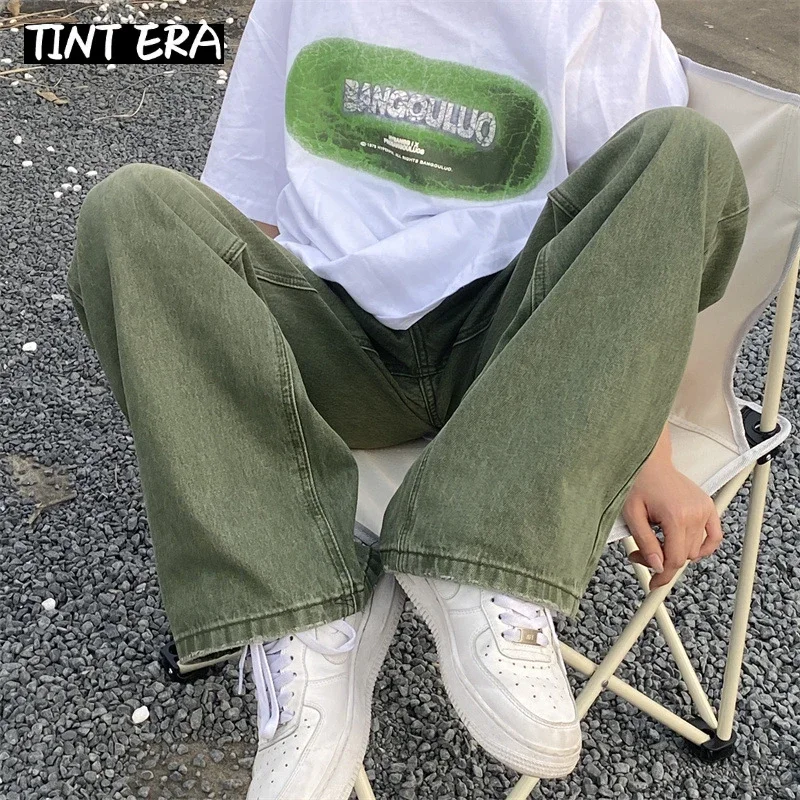 TINT ERA Green Jeans Baggy Distressed Vintage Denim Trousers Male Wide Leg Pants Men Streetwear Retro Oversize Casual Hip Hop