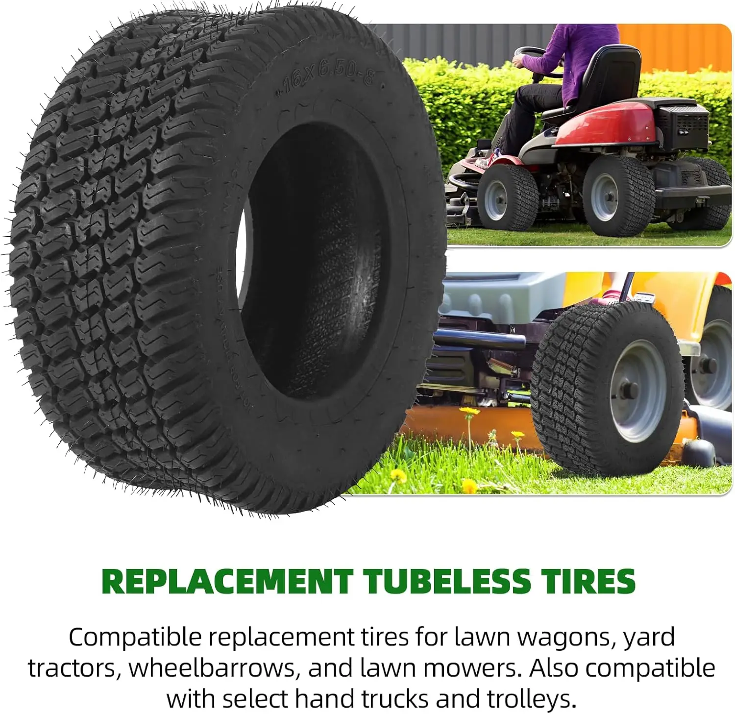 (2-Pack) 16x6.50-8 Tires - 4PR Durable Tubeless, Replacement Lawn Tractor Tires with Deep Ribbed Treads, Rim Not Included