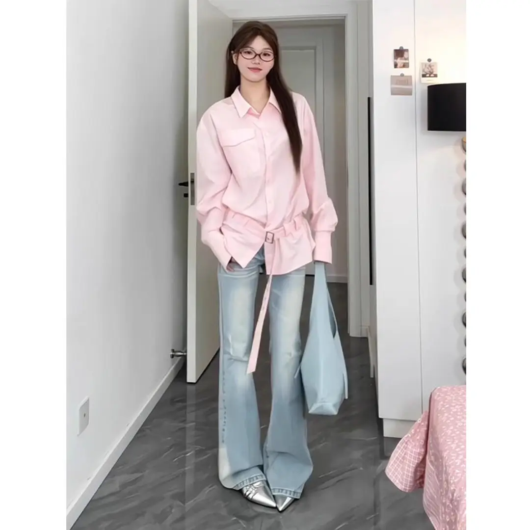 

Two Piece Sets Womens Outifits Spring and Summer Korean Style High-end Advanced Designed Niche Pink Shirt + Slim Flared Jeans