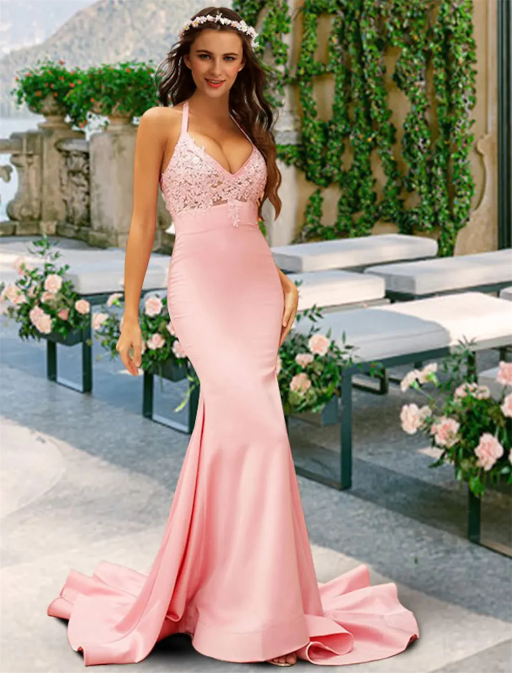 

Mermaid Trumpet Bridesmaid Dress Halter Neck Sleeveless Sexy Sweep Brush Train Lace Satin with Appliques vestido de noiva