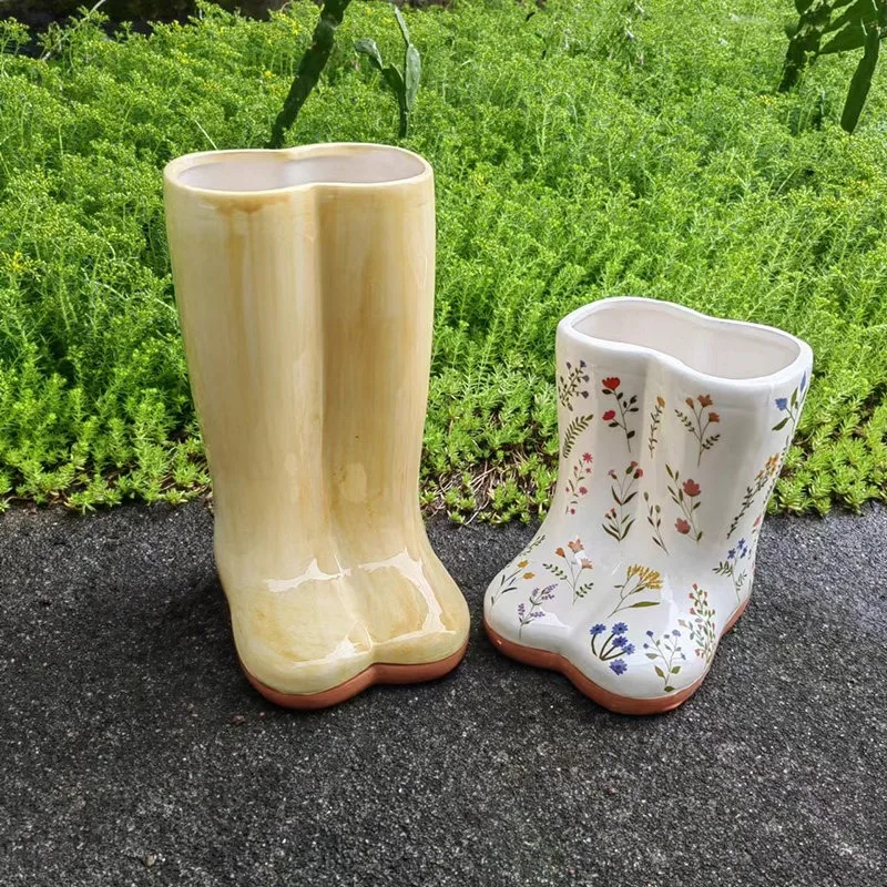 European Style Rain Boot Ceramic Flower Pot, Mid-Calf Boot Planter for Succulents, Creative Hanging Pot for Balcony & Courtyard