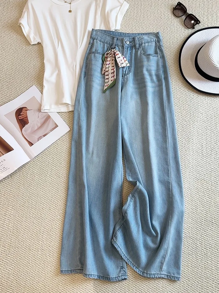 

Light Blue High Waist Ice Silk Jeans for Women Thin Edition Denim Trousers Spring Summer Breathable Straight Wide Leg Pants ﻿