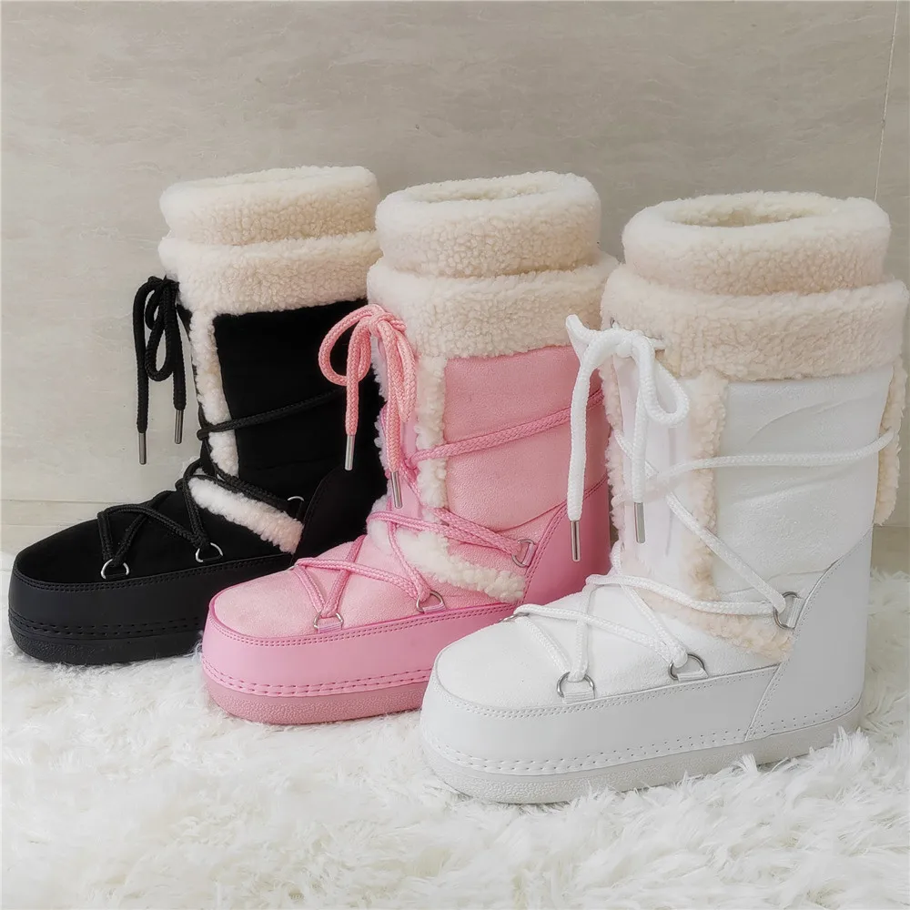 2024 European Lamb Wool Tall Suede Space Snow Boots Women's Ski Shoes Sneakers Keep Warm Shoes