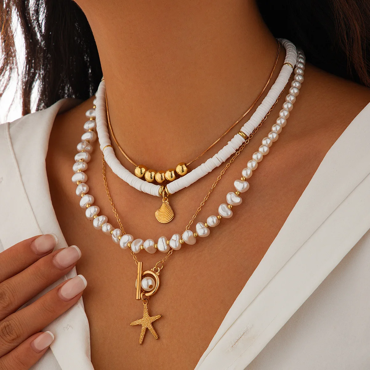

Ailodo Bohemian Starfish Shell Ball Necklace For Women Elegant Polymer Clay Imitation Pearl Necklace Fashion Jewelry Girls Gift