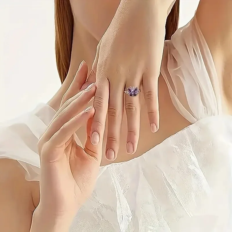 Huitan رومانسية الأرجواني فراشة خواتم للنساء الساحرة الأرجواني مكعب زركونيا الجمالية الإناث خواتم مجوهرات الأزياء الطرف #5