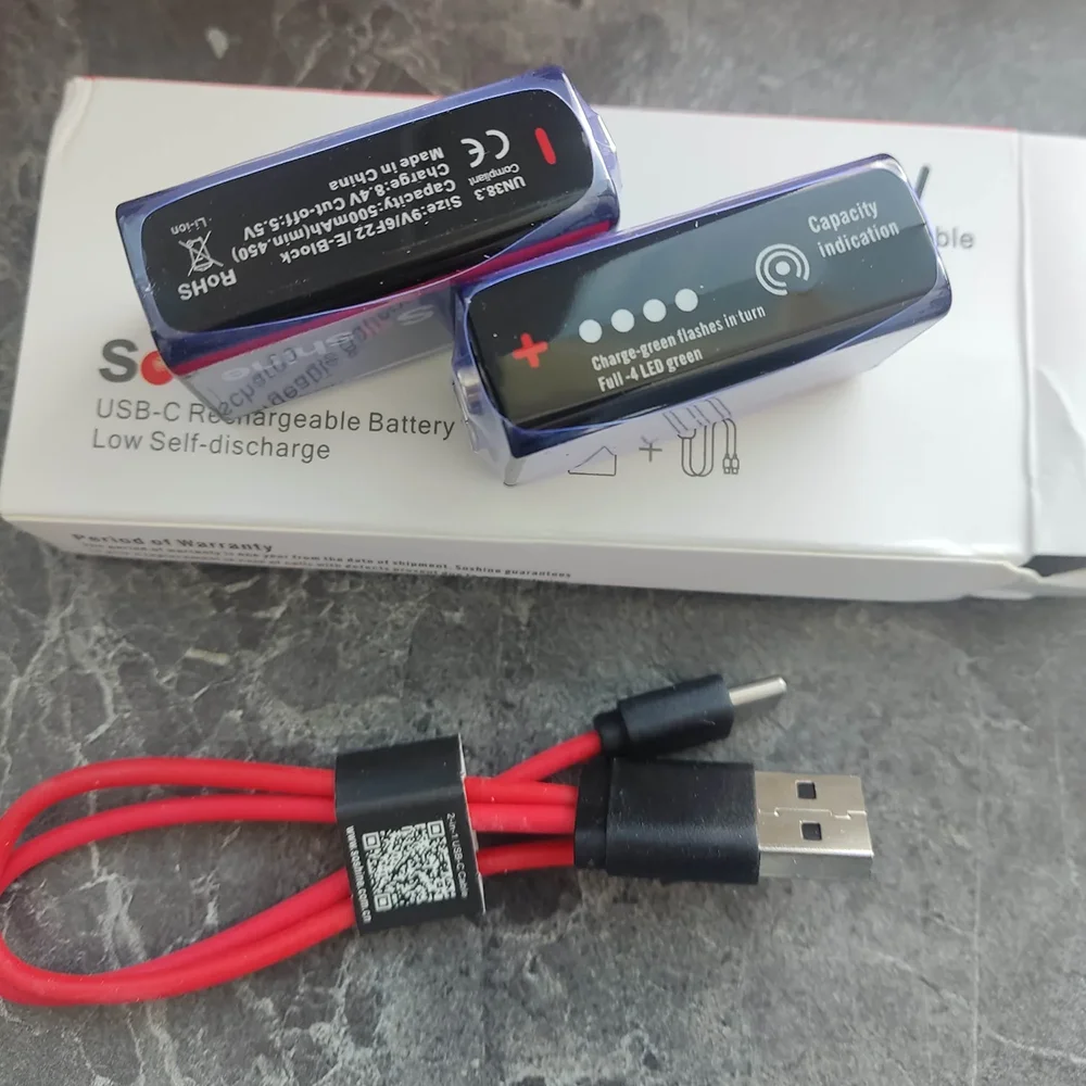 Soshine 9V USB Lithium-ion Rechargeable Battery 500mAh Low Self-discharge Li-ion Batteries 4-Year Shelf Life 4LED Power Display