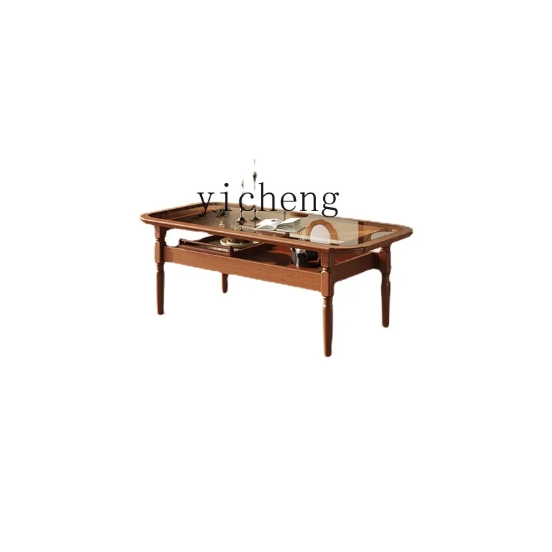 

ZK Solid Wood Tea Table Cherrywood High Leg Tea Table Vintage Glass Coffee Table TV Cabinet Combination