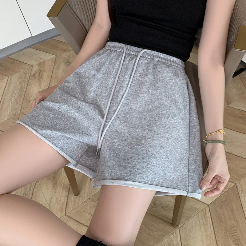 Летние женские повседневные шорты, однотонные женские шорты с широкими штанинами, женские спортивные шорты для бега и фитнеса с эластичной талией