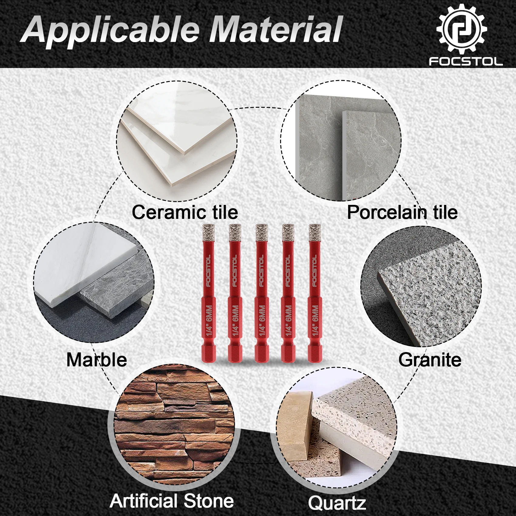 FOCSTOL 다이아몬드 타일 드릴 비트 세트, 코어 비트, 퀵 체인지, 6 mm 카바이드 드릴 비트, 세라믹 도자기 타일용, 5 개