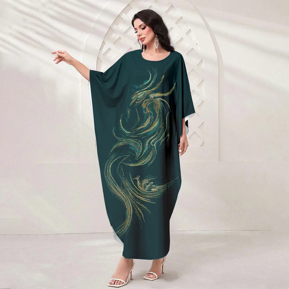 2024 Muslim Fire Phoenix Printed Casual Robe Women's Long Sleeve Batwing Sleeve Tassel Dress Dubai Robe Diamond Party Gowns