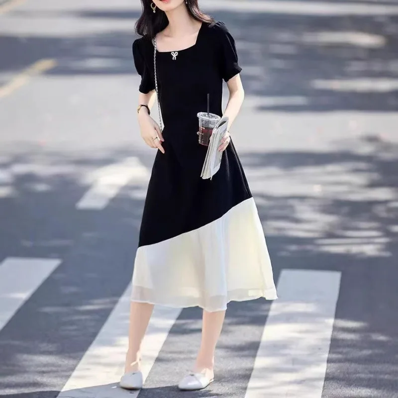 Elegant Hepburn Style Dress Slimming Color Block Square Collar Youthful Little Black Dress French Fashion Spring Summer New A...