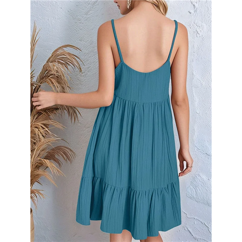 NEU – Sommerkleid für Damen 2025, Spaghettiträger, ärmellos, V-Ausschnitt, lässiges Swing-Sommerkleid