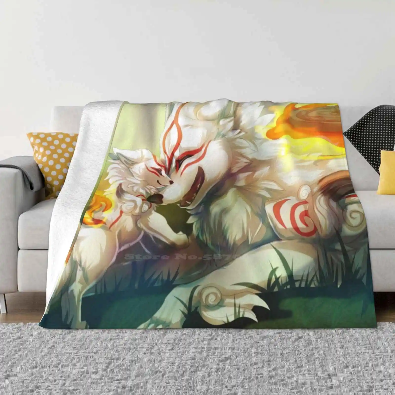 Okami-Amaterasu And Chibiterasu Four Seasons Comfortable Warm Soft Throw Blanket Amaterasu Okami Chibiterasu Wolf Dog Animal