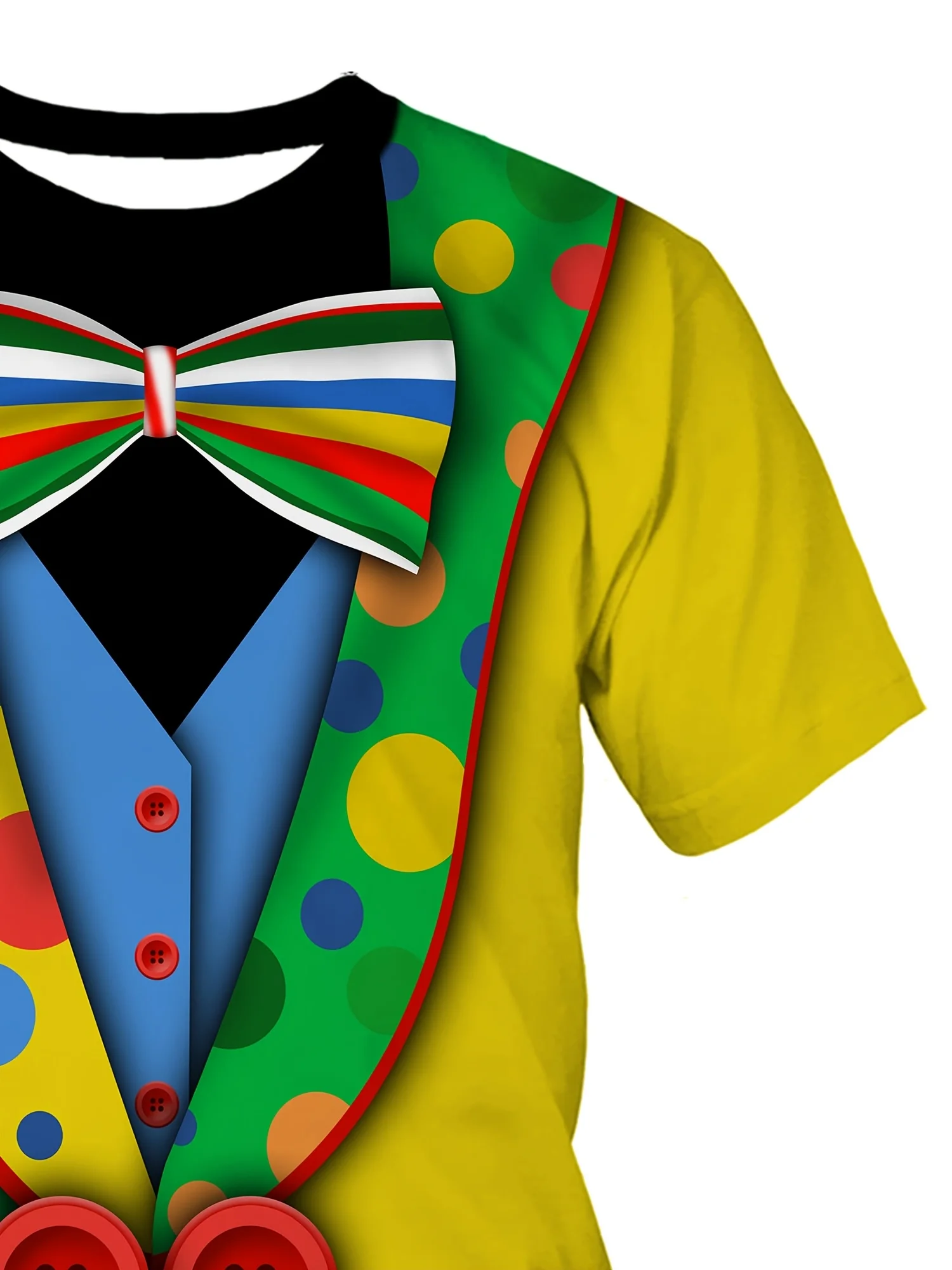 Camiseta masculina respirável de secagem rápida com padrão 3D, fantasia de palhaço brincalhão feminino com gravata borboleta falsa, mangas curtas