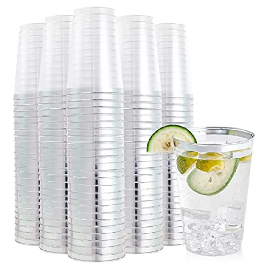 

200 Pack 12 oz Plastic, Cup 12 oz Tumblers, Heavy-duty and Fancy Disposable Cups with Silver Rim for Wedding Cups Elegant Party