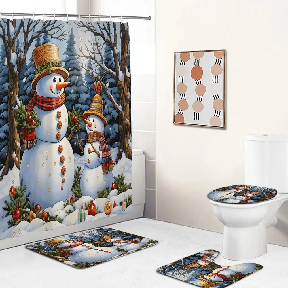 Merry Christmas Snowman Shower Curtain Set Winter Elf Festival Xmas Snowflake Bathroom Decor Cartoon Bath Mat Toilet Lid Cover