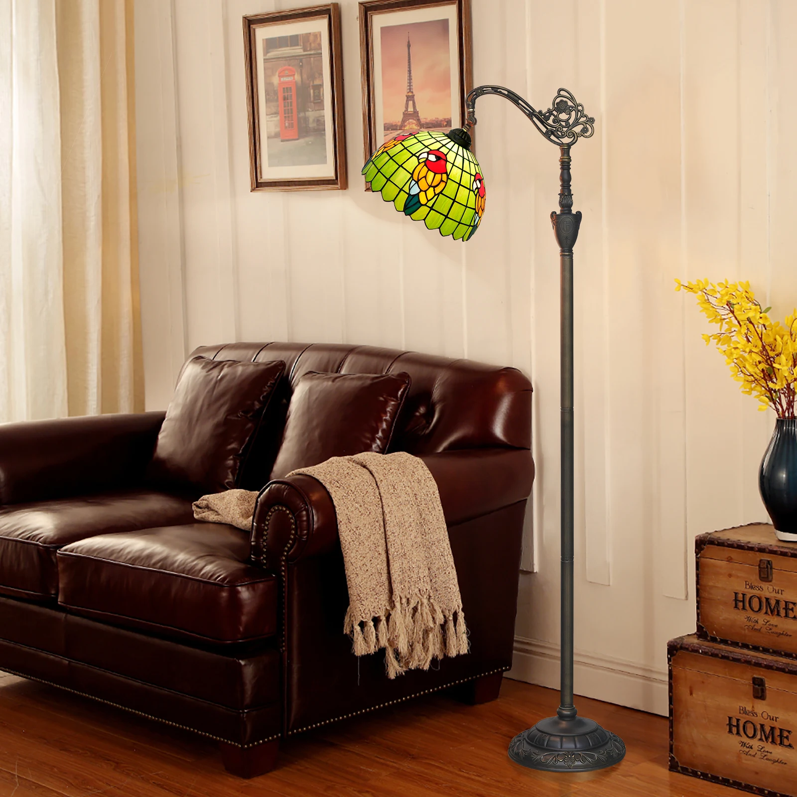 Tiffany Floor Lamp Green parrot Stained Glass Arched Lamp Gooseneck Adjustable Corner Standing Reading Light Decor Home Bedroom