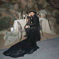 Long Sleeves High Collar Black Lace Open Back Mermaid Wedding Gowns Fitted Elegant Buttons Modest Customized Bridal Dress