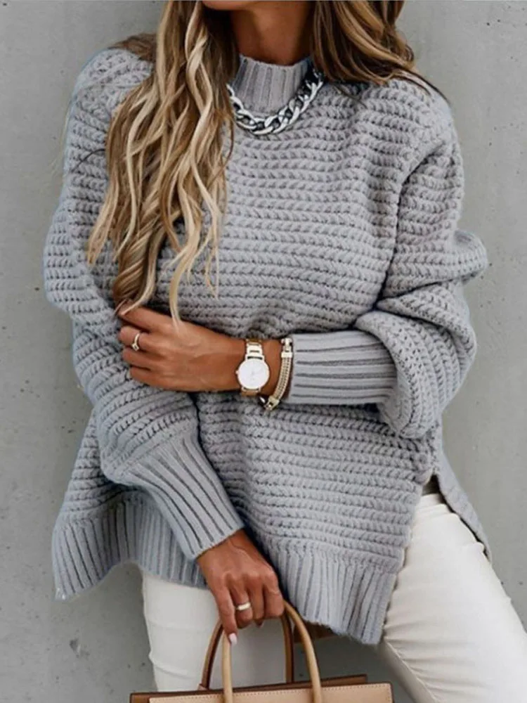 Autunno inverno donna maglione lavorato a maglia collo finto Casual allentato pullover di base caldo elegante solido manica a pipistrello top spaccati laterali