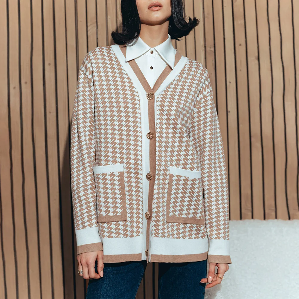 Women Houndstooth Cardigan Sweater Fall Winter Fashion Loose Fit Long Sleeve