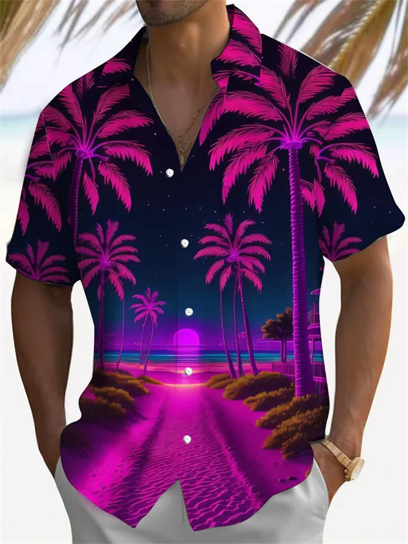 2025 New Men's Hawaii Spring/Summer Fashion Leisure Street Stroll Tourism Beach Printed Short Sleeve Button Shirt