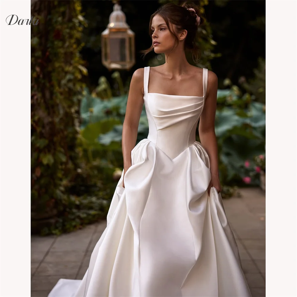 Darla Customized Square Neck Spaghetti Strap A-Line Wedding Dress Sweep Train Floor Length Sleeveless Ruffles Ruched Charming