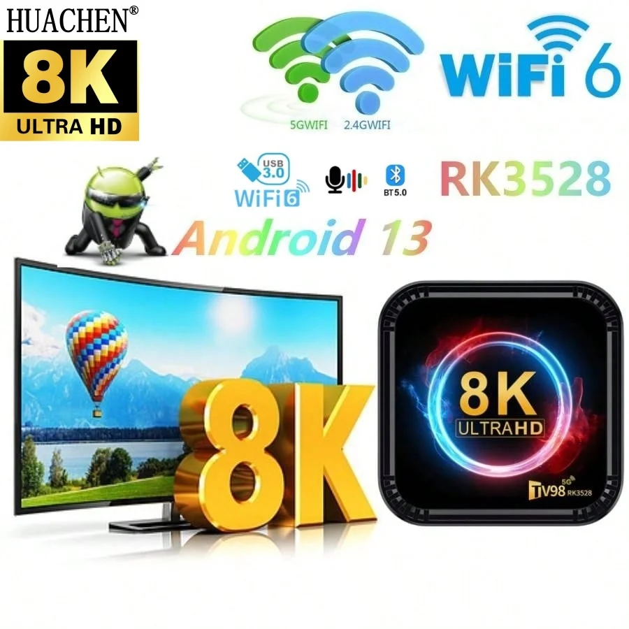 กล่องทีวีแอนดรอยด์13 8K อัลตร้า HD 2.4G/5G ชุดกล่องรับสัญญาณ5.0บลูทูธตัวรับทีวีคู่